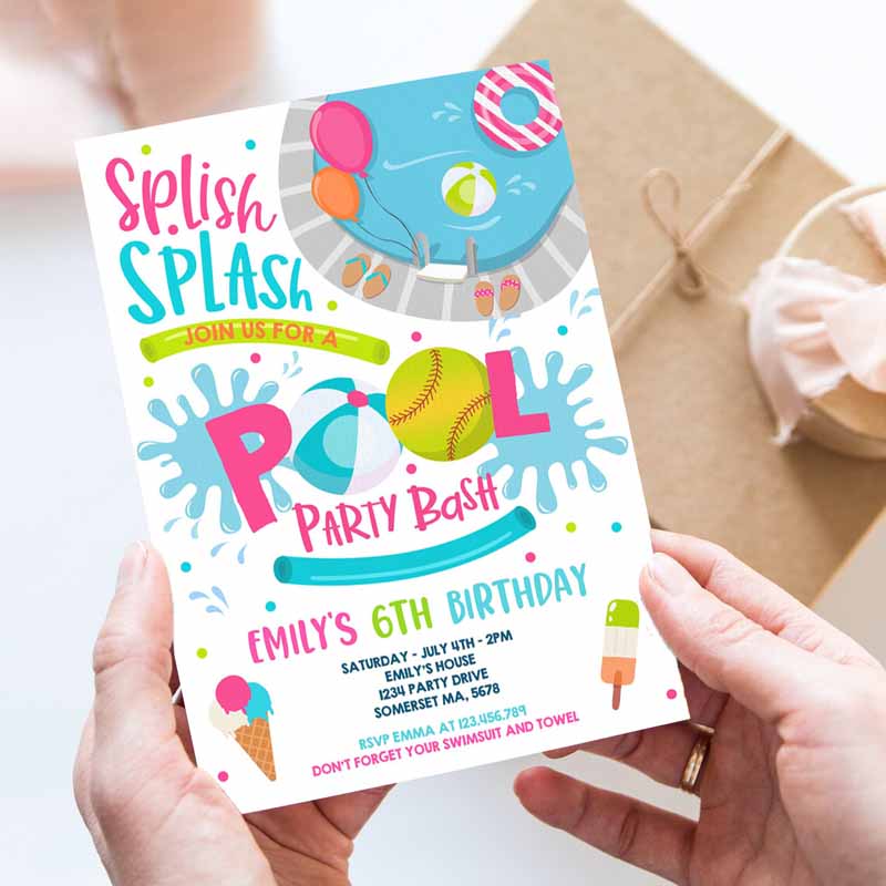 Softball Pool Party, Kids Birthday Invitation, Girl Summer Softball Team Pool Party, Pool BBQ Kids Birthday, Pool Party