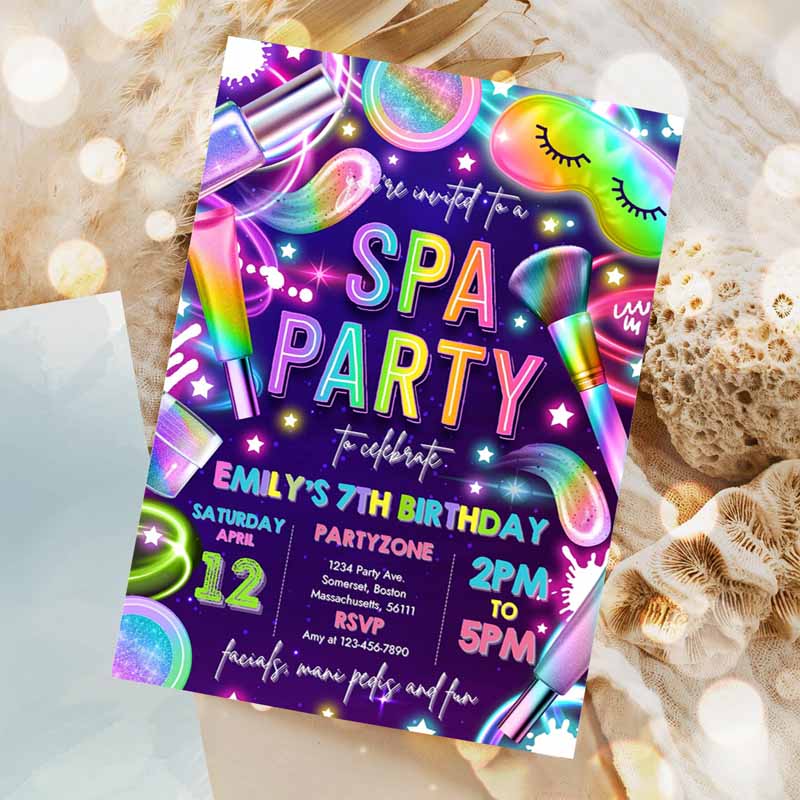 Spa Makeup Kids Birthday Invitation, Neon Glow Spa Party Invitation, Glitz and Glam Makeup Neon Glow Kids Birthday