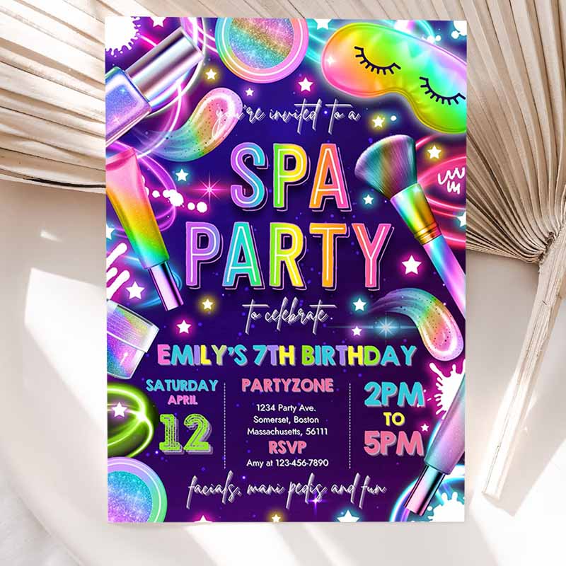 Spa Makeup Kids Birthday Invitation, Neon Glow Spa Party Invitation, Glitz and Glam Makeup Neon Glow Kids Birthday Party