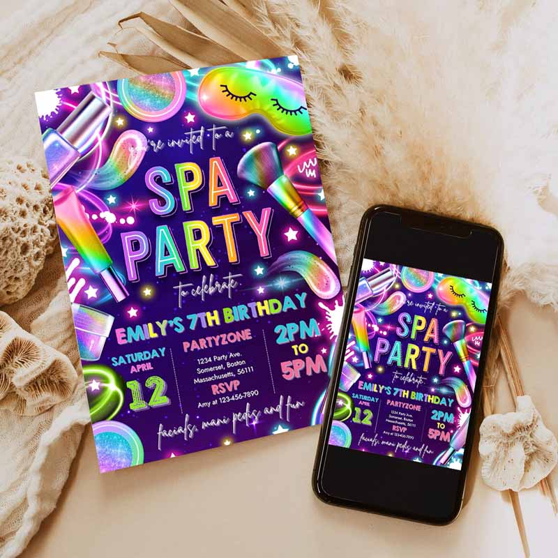 Spa Makeup Kids Birthday Invitation, Neon Glow Spa Party Invitation, Glitz and Glam Makeup Neon Glow Kids Birthday Party