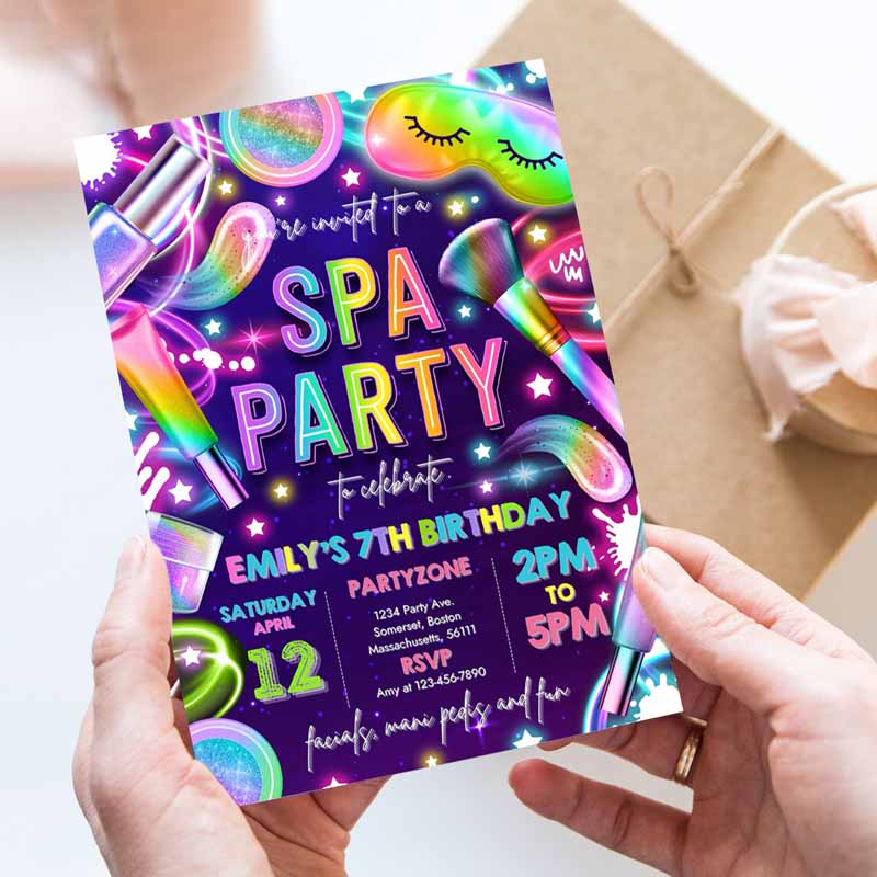 Spa Makeup Kids Birthday Invitation, Neon Glow Spa Party Invitation, Glitz and Glam Makeup Neon Glow Kids Birthday Party