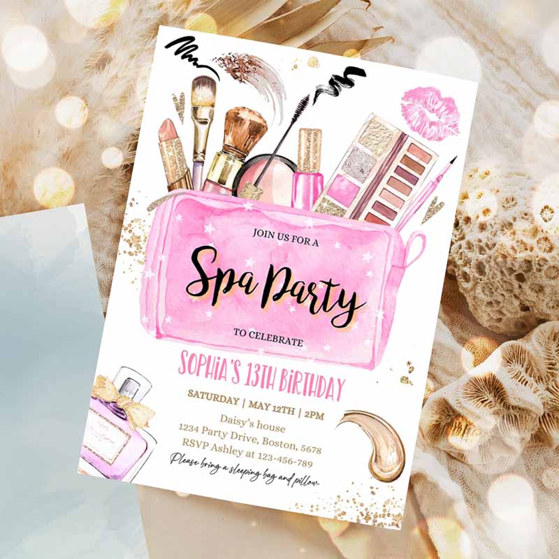 Spa Makeup Kids Birthday, Glam Invitation, Girl Pink And Gold Tween Teen Spa Kids Birthday Party