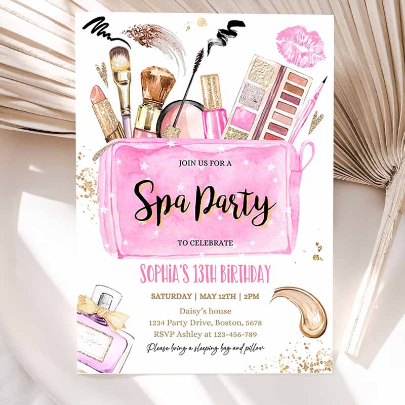 Spa Makeup Kids Birthday, Glam Invitation, Girl Pink And Gold Tween Teen Spa Kids Birthday Party