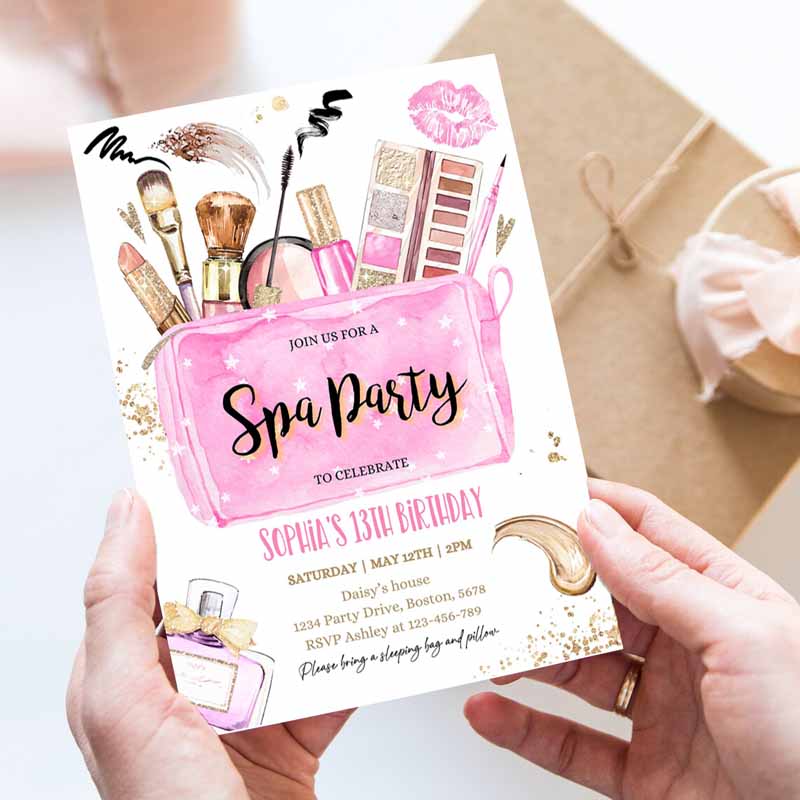 Spa Makeup Kids Birthday, Glam Invitation, Girl Pink And Gold Tween Teen Spa Kids Birthday Party