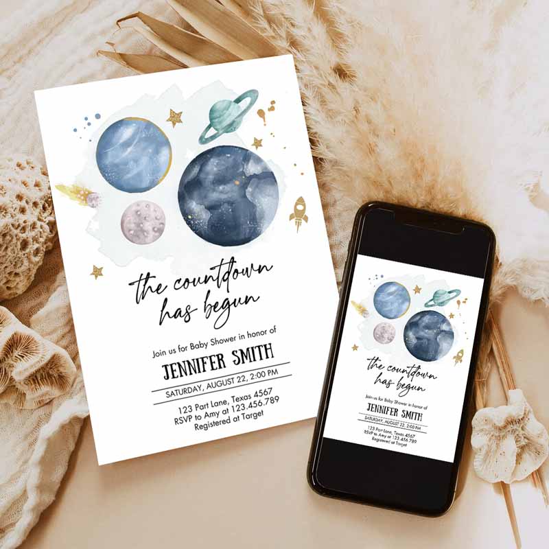 Space Baby Shower Invitation, Galaxy Outer Space It's a Boy Blue Planets Moon Countdown