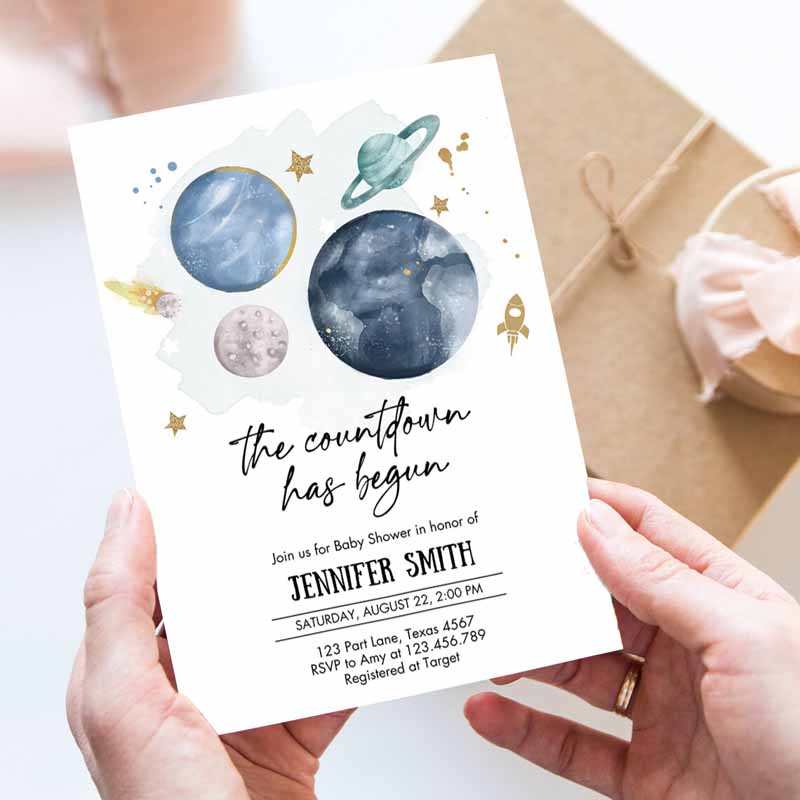 Space Baby Shower Invitation, Galaxy Outer Space It's a Boy Blue Planets Moon Countdown