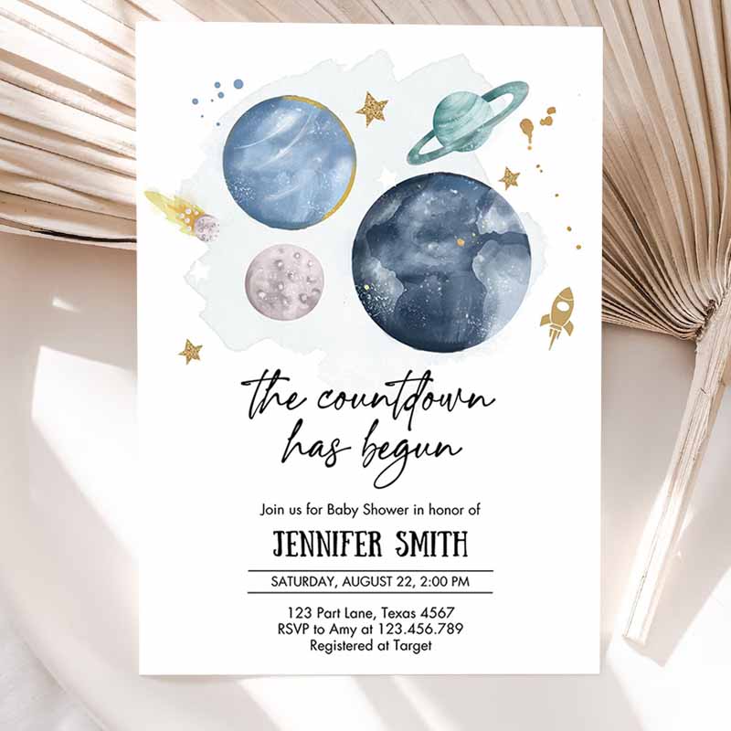 Space Baby Shower Invitation, Galaxy Outer Space It's a Boy Blue Planets Moon Countdown