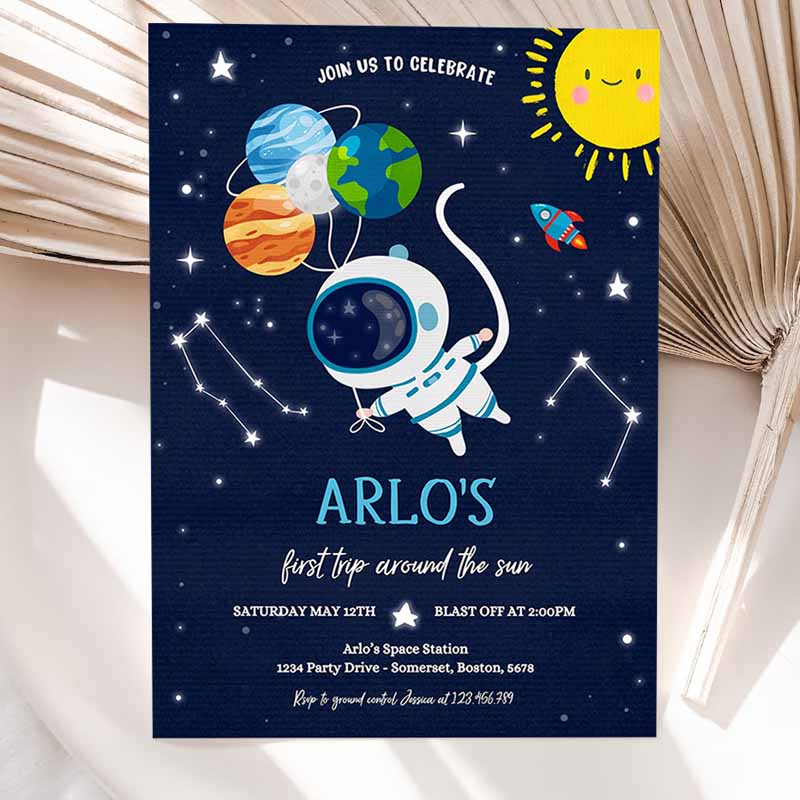 Space Kids Birthday Invitation, First Trip Arounde Sun Boy Rocket Ship Space Planets Galaxy Outer Space Party