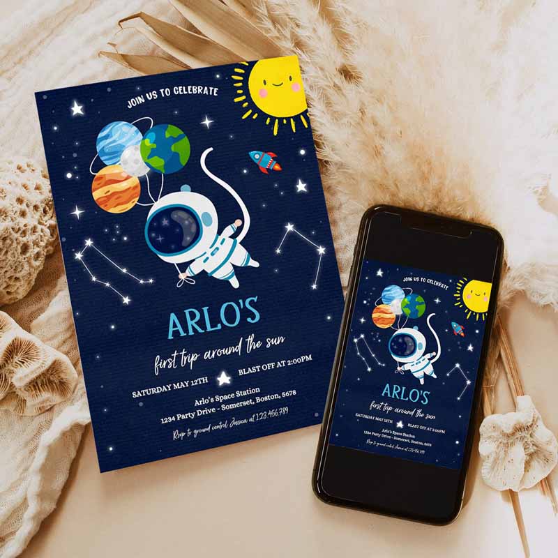 Space Kids Birthday Invitation, First Trip Arounde Sun Boy Rocket Ship Space Planets Galaxy Outer Space Party