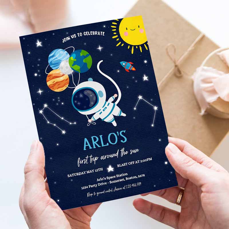 Space Kids Birthday Invitation, First Trip Arounde Sun Boy Rocket Ship Space Planets Galaxy Outer Space Party