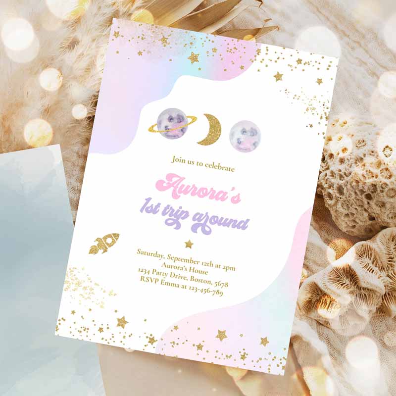 Space Kids Birthday Invitation, First Trip Arounde Sun Girl Watercolor Pink Planets Galaxy Outer Space Party