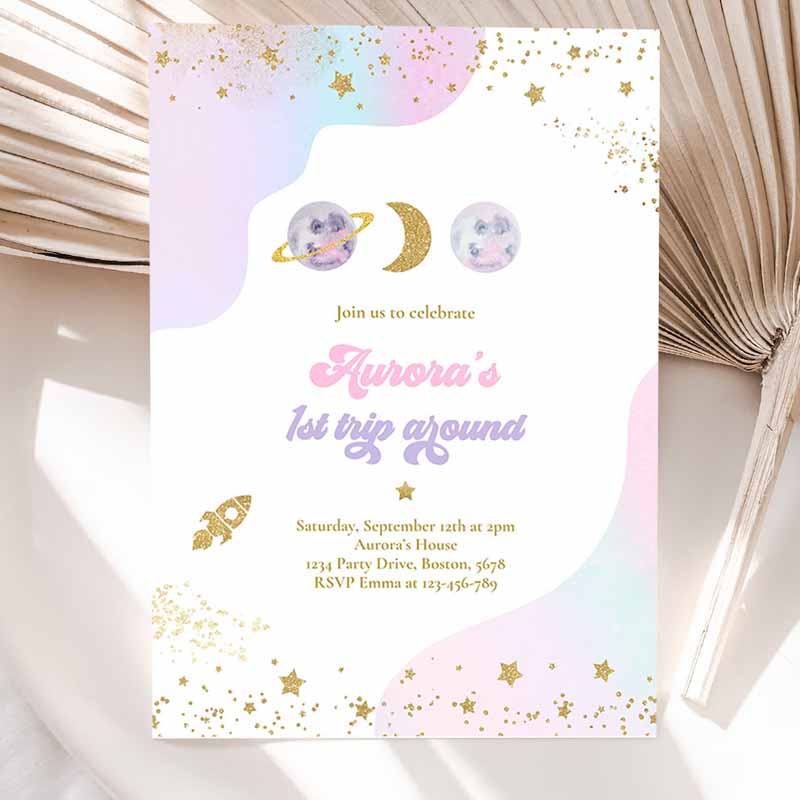 Space Kids Birthday Invitation, First Trip Arounde Sun Girl Watercolor Pink Planets Galaxy Outer Space Party