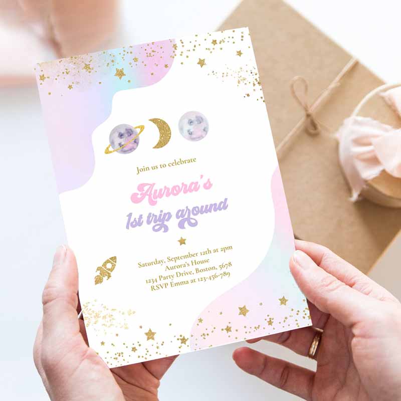 Space Kids Birthday Invitation, First Trip Arounde Sun Girl Watercolor Pink Planets Galaxy Outer Space Party