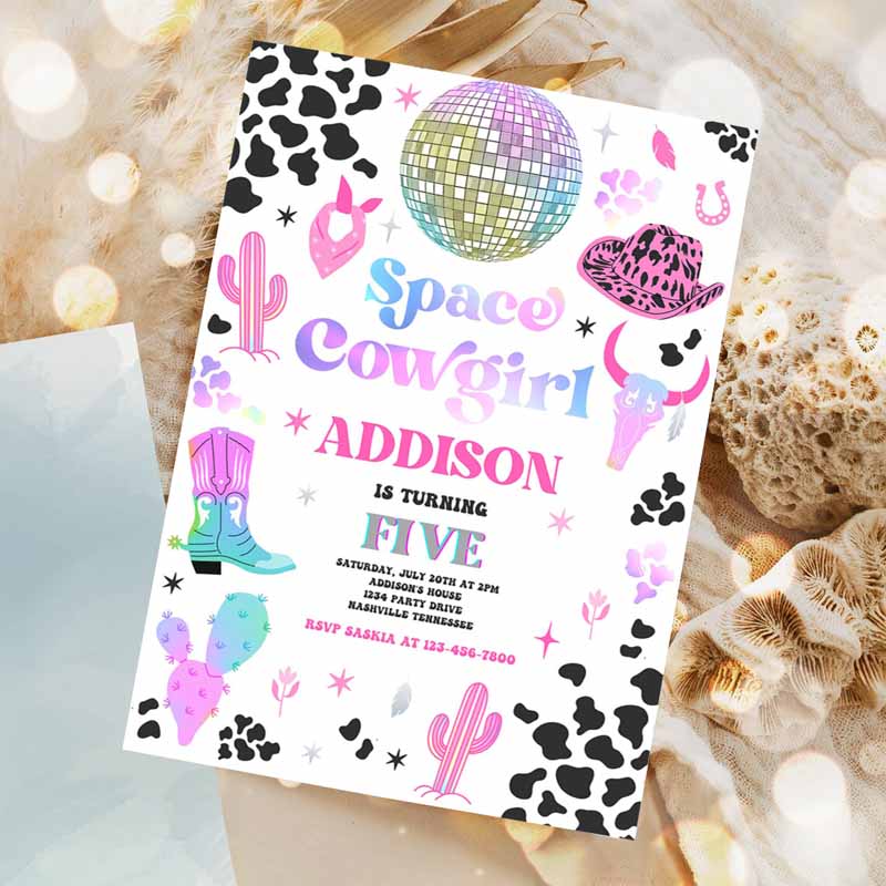 Space Cowgirl Kids Birthday, Cosmic Space Cowgirl Disco Kids Birthday Party, Nashville Rodeo Any Age Party Invitation