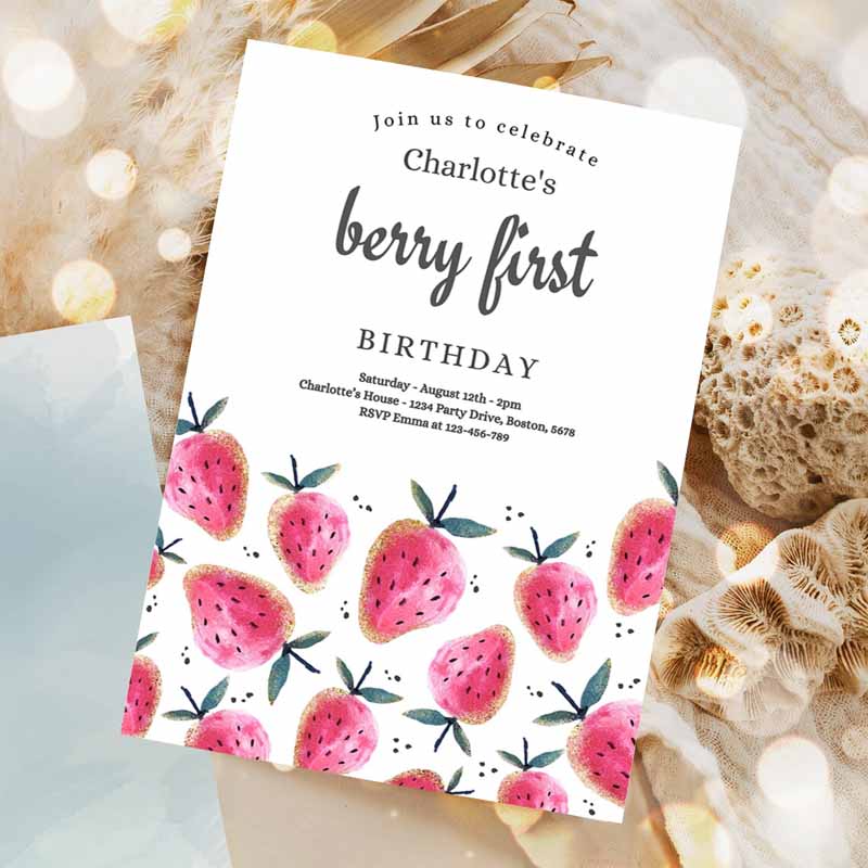 Strawberry Kids Birthday Invitation, Berry First Kids Birthday Invitation, Summer Berries Kids Birthday, Berry Sweet