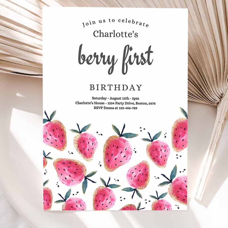 Strawberry Kids Birthday Invitation, Berry First Kids Birthday Invitation, Summer Berries Kids Birthday, Berry Sweet