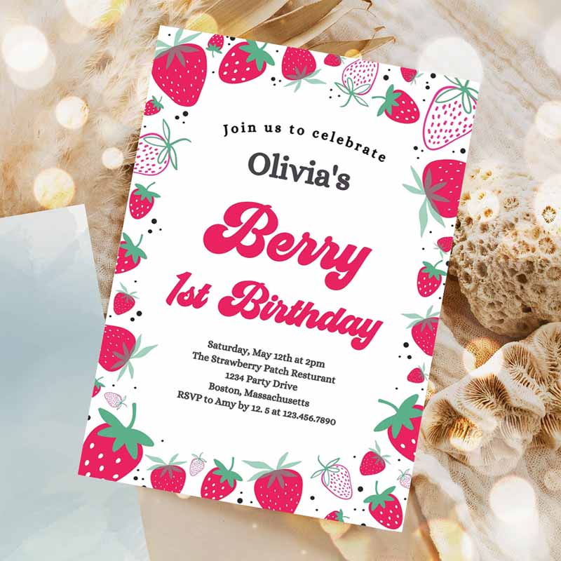 Strawberry Kids Birthday Invitation, Berry First Kids Birthday Invitation, Summer Berries Kids Birthday, Berry Sweet Party