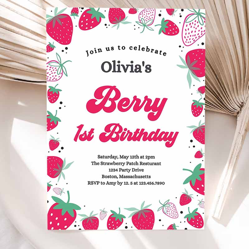 Strawberry Kids Birthday Invitation, Berry First Kids Birthday Invitation, Summer Berries Kids Birthday, Berry Sweet Party