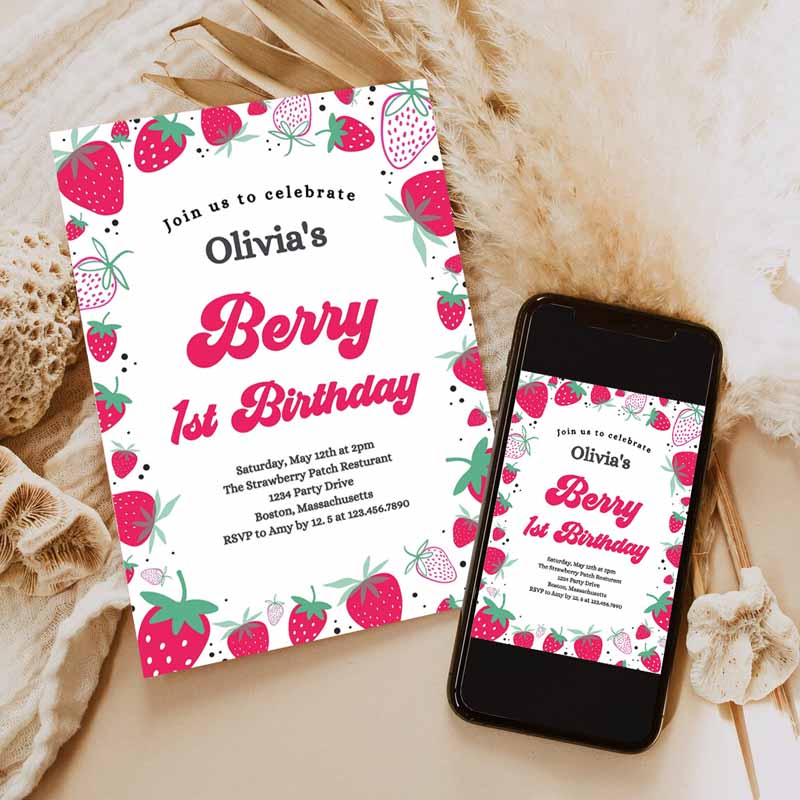 Strawberry Kids Birthday Invitation, Berry First Kids Birthday Invitation, Summer Berries Kids Birthday, Berry Sweet Party