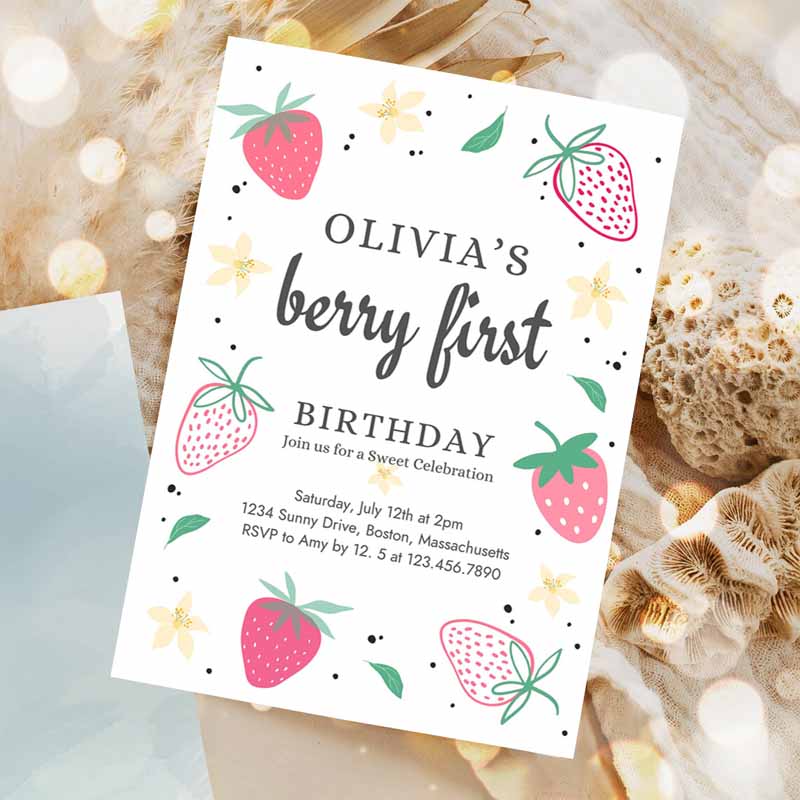 Strawberry Kids Birthday Invitation, Berry First Kids Birthday Invitation, Summer Berries Kids Birthday, Berry Sweet Party