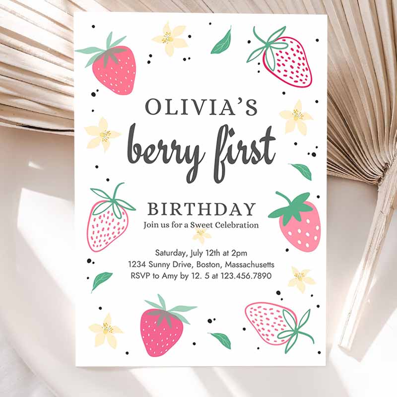 Strawberry Kids Birthday Invitation, Berry First Kids Birthday Invitation, Summer Berries Kids Birthday, Berry Sweet Party