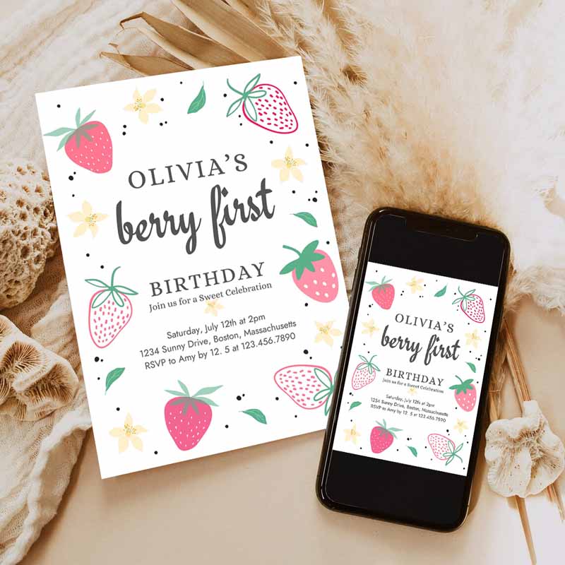 Strawberry Kids Birthday Invitation, Berry First Kids Birthday Invitation, Summer Berries Kids Birthday, Berry Sweet Party