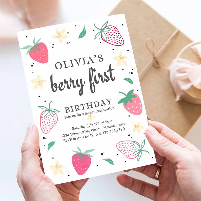 Strawberry Kids Birthday Invitation, Berry First Kids Birthday Invitation, Summer Berries Kids Birthday, Berry Sweet Party