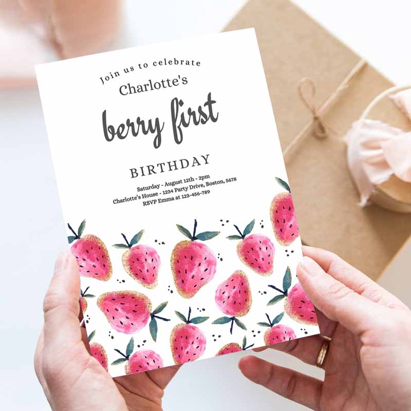 Strawberry Kids Birthday Invitation, Berry First Kids Birthday Invitation, Summer Berries Kids Birthday, Berry Sweet