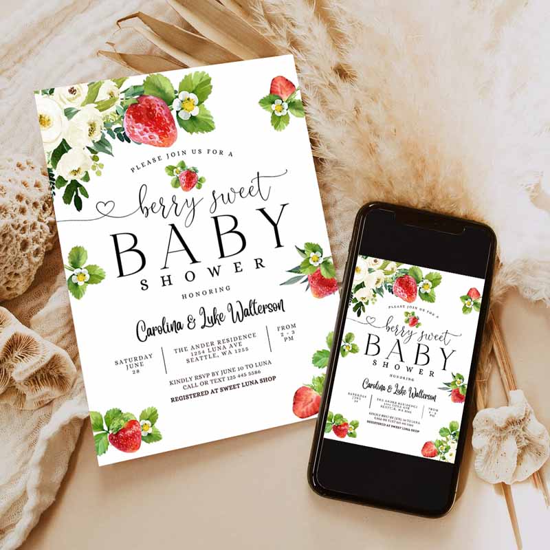 Strawberry Baby Shower Invitation, Berry Sweet Baby Shower Invite Berry Sweet Baby Shower Invite Printable