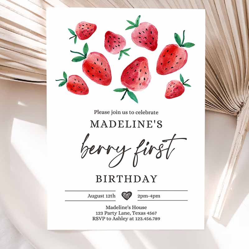 Strawberry Kids Birthday Invitation, Berry Sweet Girl Cuterawberries Party Invitation