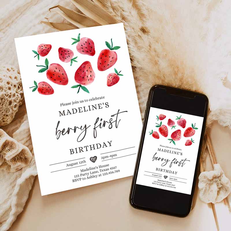 Strawberry Kids Birthday Invitation, Berry Sweet Girl Cuterawberries Party Invitation