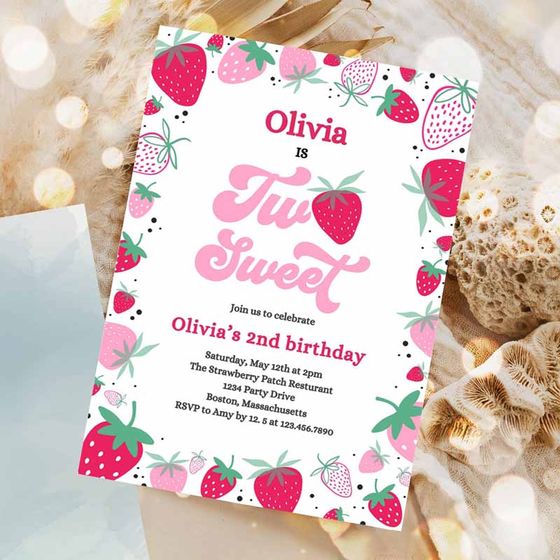 Strawberry Two Sweet Kids Birthday Invitation, Two Sweet Strawberry Kids Birthday, Summer Berries Party Invitation