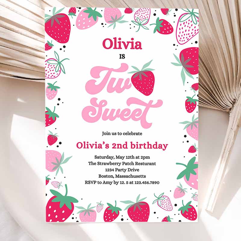 Strawberry Two Sweet Kids Birthday Invitation, Two Sweet Strawberry Kids Birthday, Summer Berries Party