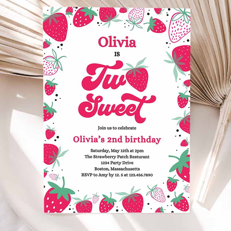 Strawberry Two Sweet Kids Birthday Invitation, Two Sweet Strawberry Kids Birthday, Summer Berries Party Invitation