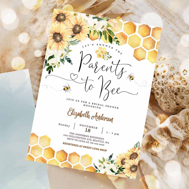 Sunflower Bee Parents to Bee Baby Shower Invitation, Gender Neutral Baby Shower