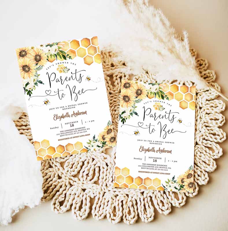 Sunflower Bee Parents to Bee Baby Shower Invitation, Gender Neutral Baby Shower