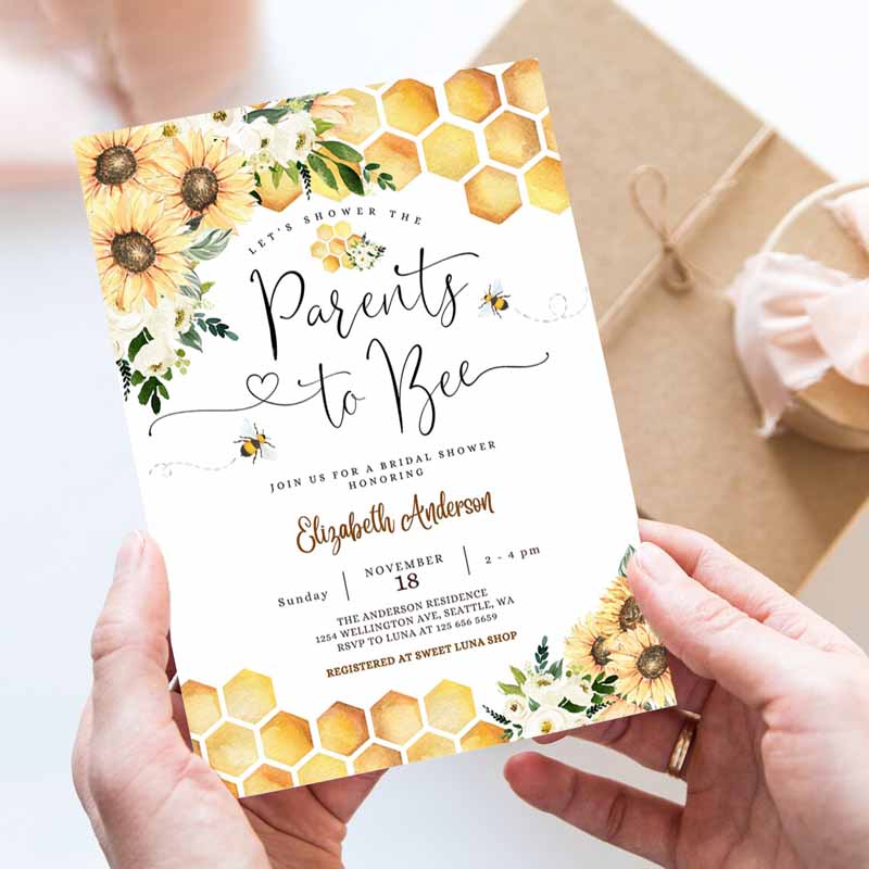 Sunflower Bee Parents to Bee Baby Shower Invitation, Gender Neutral Baby Shower