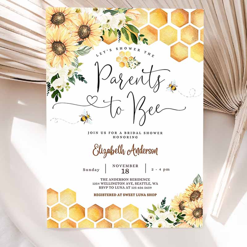 Sunflower Bee Parents to Bee Baby Shower Invitation, Gender Neutral Baby Shower