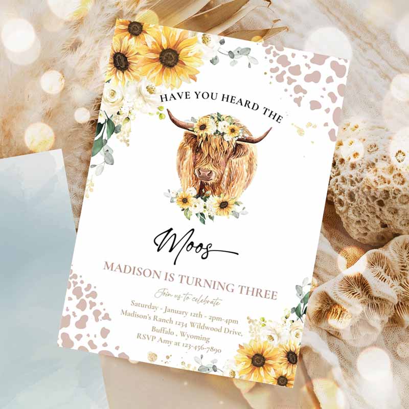 Sunflower Cow Kids Birthday, Have You Hearde Moos Floral Highland Cow Kids Birthday