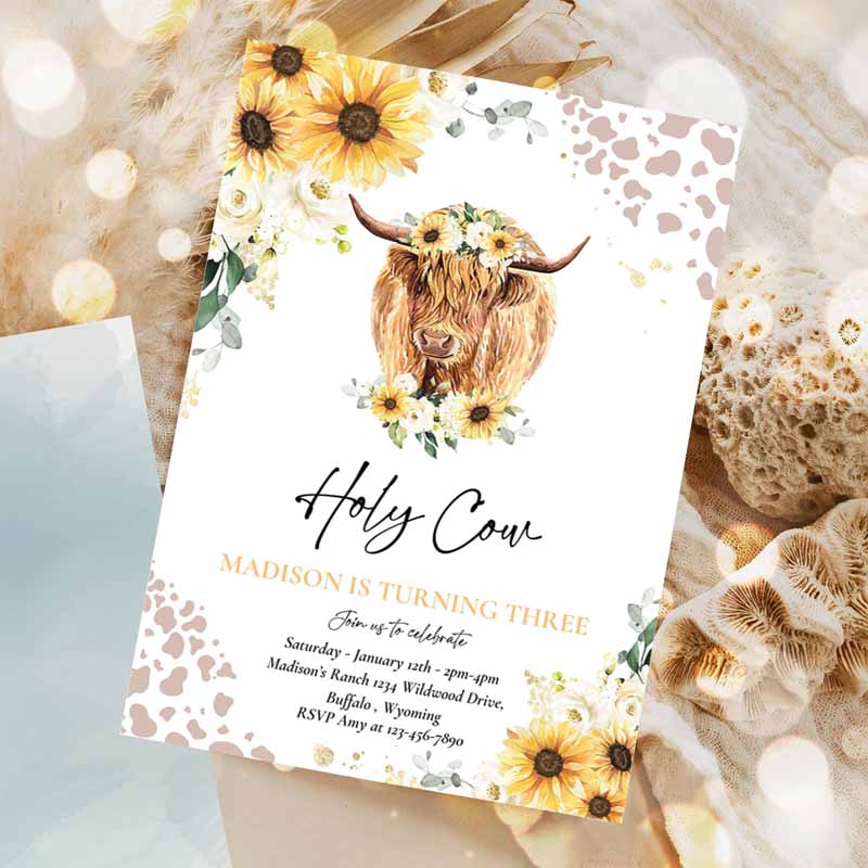 Sunflower Cow Kids Birthday, Holy Cow I'm One Party, Summer Floral Highland Cow Party