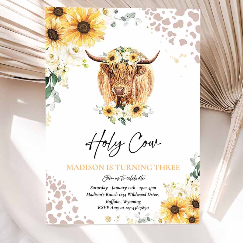 Sunflower Cow Kids Birthday, Holy Cow I'm One Party, Summer Floral Highland Cow Party