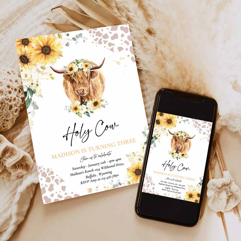 Sunflower Cow Kids Birthday, Holy Cow I'm One Party, Summer Floral Highland Cow Party