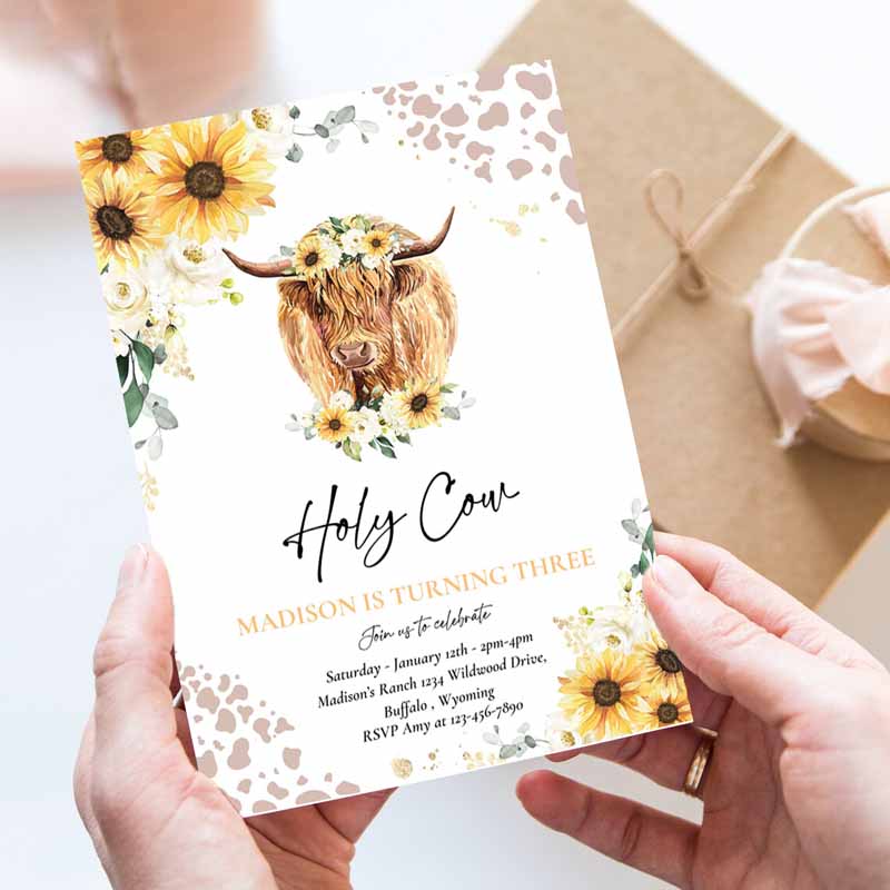 Sunflower Cow Kids Birthday, Holy Cow I'm One Party, Summer Floral Highland Cow Party