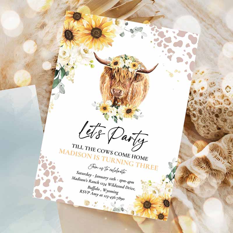 Sunflower Cow Kids Birthday, Let's Party, Tille Cows Come Home Floral Highland Cow Party Invitation