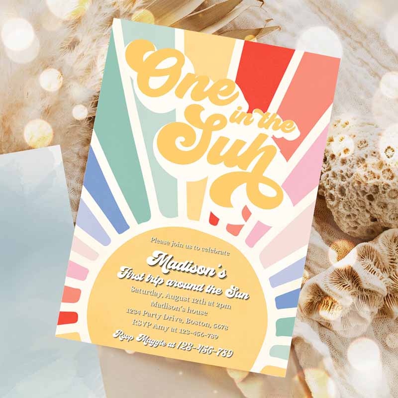 Sunshine Kids Birthday Invitation, Boho Retro Muted Rainbow Turning One Ine Sun Kids Birthday