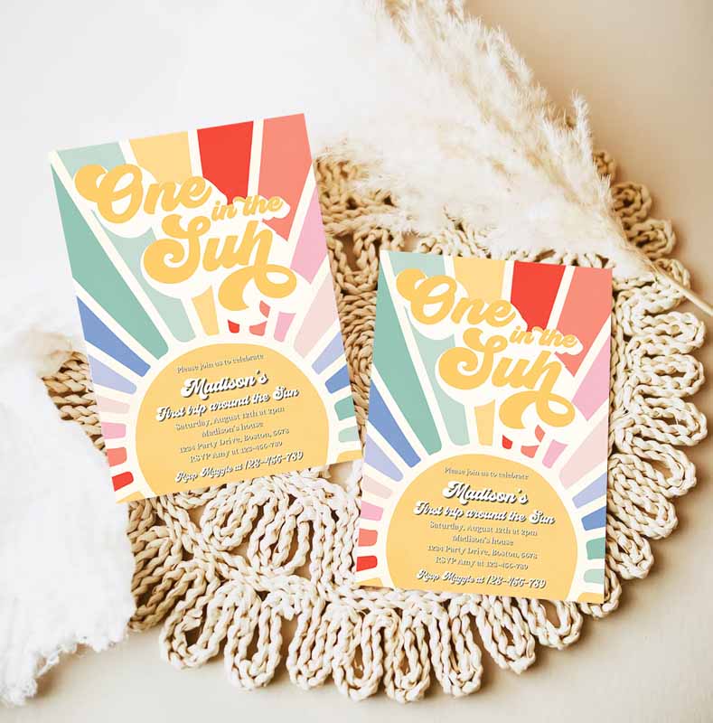 Sunshine Kids Birthday Invitation, Boho Retro Muted Rainbow Turning One Ine Sun Kids Birthday