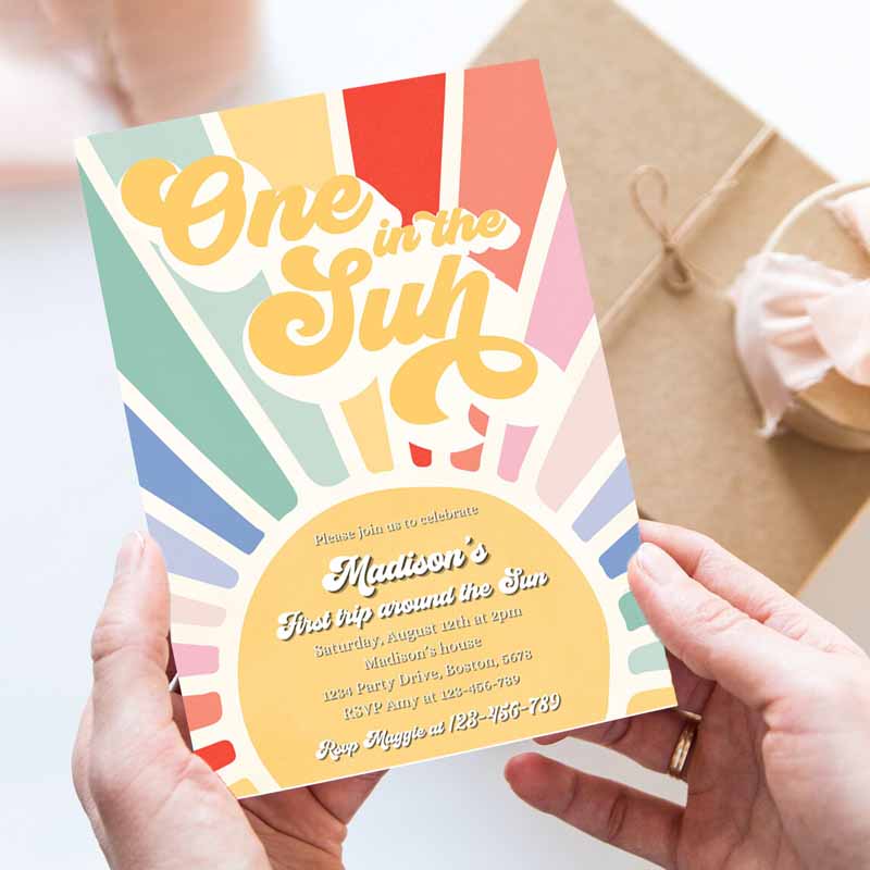 Sunshine Kids Birthday Invitation, Boho Retro Muted Rainbow Turning One Ine Sun Kids Birthday