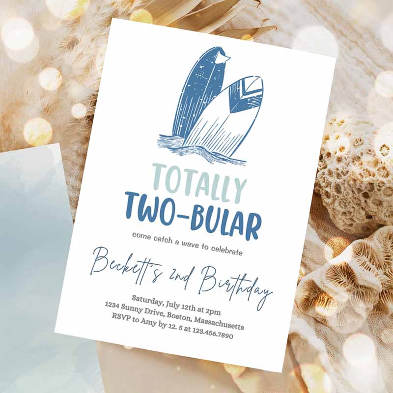 Surf Kids Birthday, Totally Two-bular Surf Kids Birthday, Modern Minimal Surfboard Beach Party Invitation