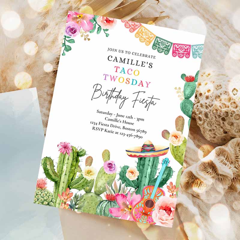 Taco Twosday Kids Birthday, Fiesta Invitation, Fiesta Kids Birthday Party, Watercolor Cactus Mexican Kids Birthday Party