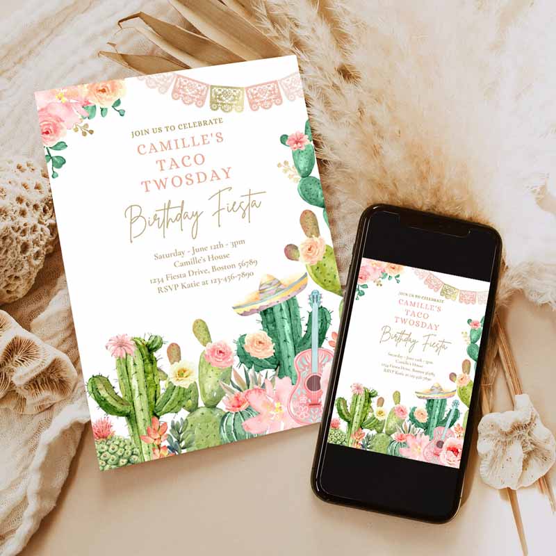 Taco Twosday Kids Birthday, Fiesta Invitation, Fiesta Kids Birthday Party, Watercolor Cactus Mexican Kids Birthday Party